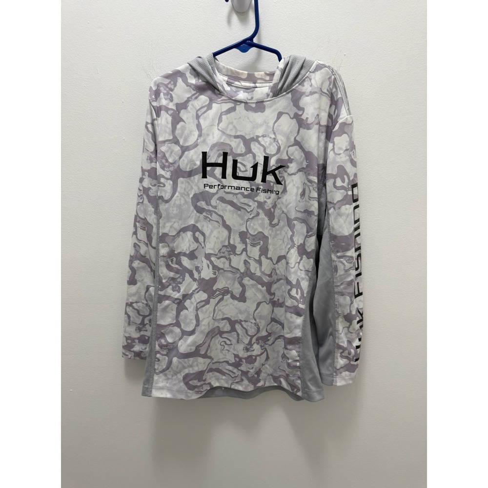 Huk Performance Fishing Hoodie Boys Youth Medium Grey Camo Long Sleeve Sun Shirt